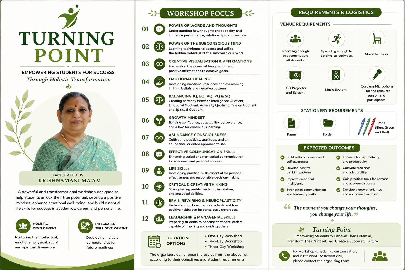 Turning Point workshop brochure — Empowering Students for Success, facilitated by Krishnamani Ma'am